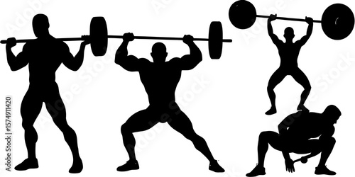 Silhouettes of men performing weightlifting exercises with barbells