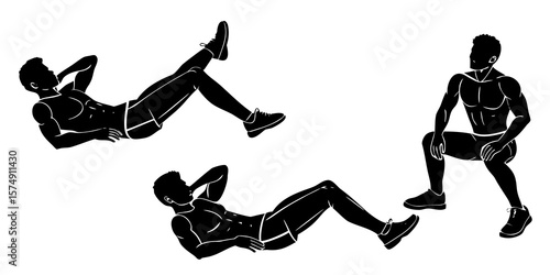 Silhouettes of a man performing abdominal crunches and squats for fitness