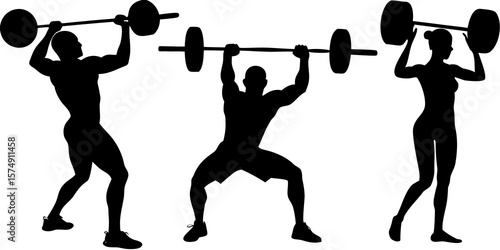 Silhouettes of a man and woman lifting barbells in a gym setting