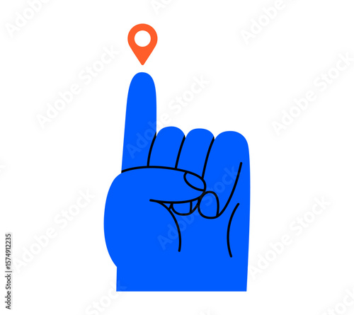 Hand drawn cute cartoon illustration of hand points at location pin. Flat vector navigation mark with arm doodle sticker. Guide or leader icon. Travel destination. Isolated.