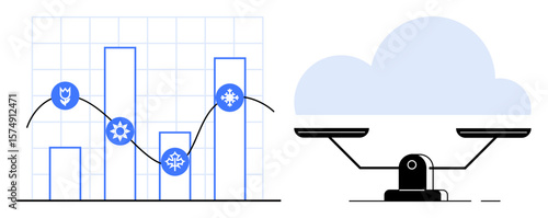 Bar graph with icons showing growth and challenges, connected by a trend line, next to a scale under a cloud. Ideal for business analysis, growth, balance, decision-making, statistics, evaluation
