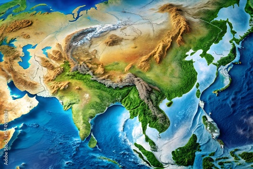 Detailed 3D Render of Asia Topography and Geography