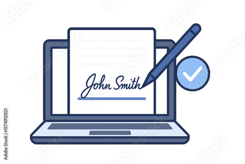 Vector illustration of electronic signature on laptop, representing business Esignature technology and digital form attached to electronically transmitted document for verification of intent to sign