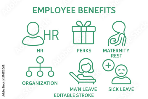 Vector illustration of employee benefits line icons, including hr, perks, organization, maternity rest, and sick leave outline pictogram for personal management in green color with editable stroke