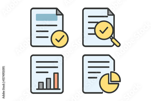 The result report icon set is accompanied by a review document icon vector illustration, symbolizing a business analysis concept