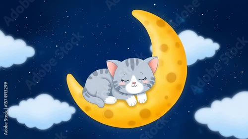 Seamless looping animation of a cartoon-style kitten sleeping on a crescent moon with soft clouds drifting past, perfect for baby and kids' sleep-related projects.







