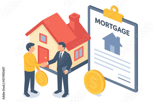 A character is depicted buying a mortgage house and shaking hands with a real estate agent, symbolizing people investing money in real estate property, including concepts of house loans, rent, and