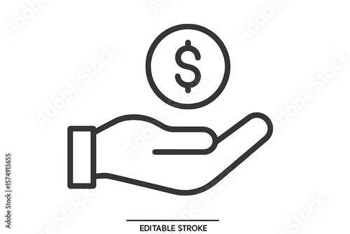 A simple hand with a coin line icon is presented as a symbol and sign vector illustration design with editable stroke, isolated on a white background