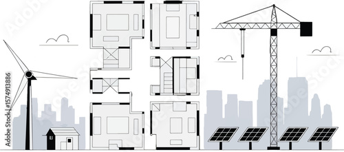 Vector illustration of an architectural blueprint design for a modern house