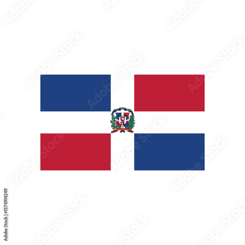 Illustration of the dominican republic flag with red and blue rectangles and a coat of arms in the center
