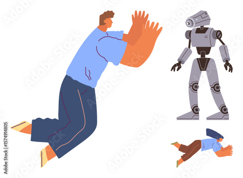 Man recoils in fear facing humanoid robot another figure crawls away. Ideal for technology, fear, AI, human vulnerability, future ethics, robotics, progress. Conceptual simple flat metaphor
