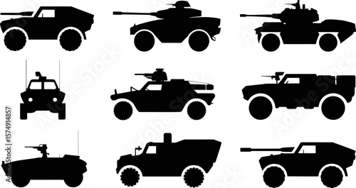 Armored vehicles silhouette collection military vehicles tanks army vehicles for war and defense vector art