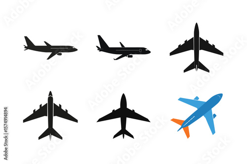 A Collection of Airplane Silhouettes and Graphics Representing Air Travel	