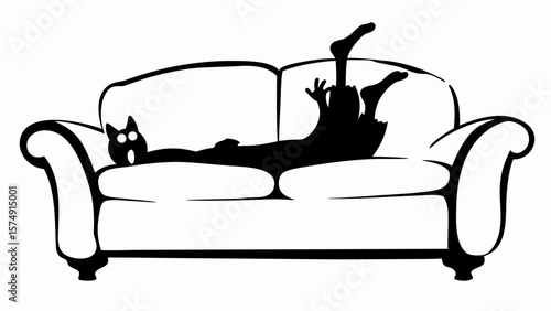A black cat lounging upside down on a white sofa with its paws up in the air in a playful manner