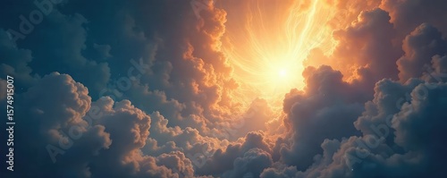 A majestic, ethereal light emanating from swirling clouds, symbolizing divine power and the presence of a god Perfect for religious, spiritual, or fantasy projects , godly, clouds