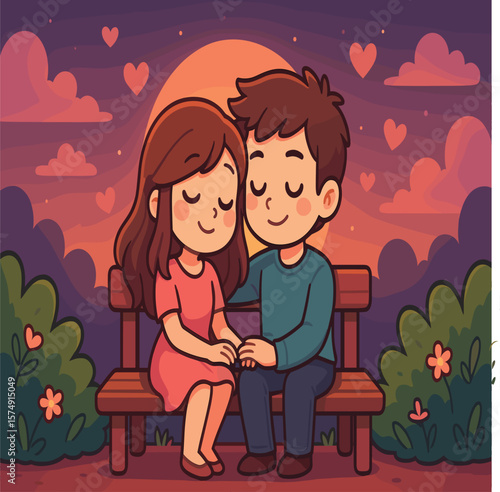 Sweet cartoon couple on a park bench at sunset, Romantic cartoon characters in love enjoying a peaceful moment together