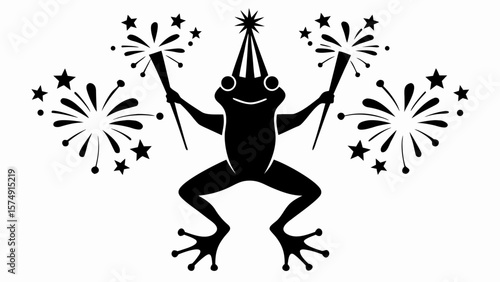 A cheerful frog wearing a party hat and holding sparklers surrounded by fireworks illustration