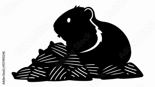Silhouette of a guinea pig sitting on a pile of hay in black and white vector illustration style image