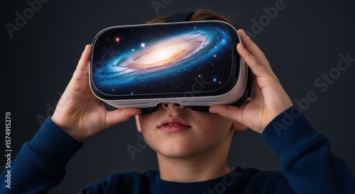 Fototapeta Naklejka Na Ścianę i Meble -  A boy exploring a galaxy in a virtual reality headset. Kids learning about space and future technology. Virtual education