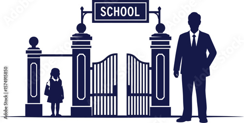 School entrance illustration with student and parent for education and learning resources design use