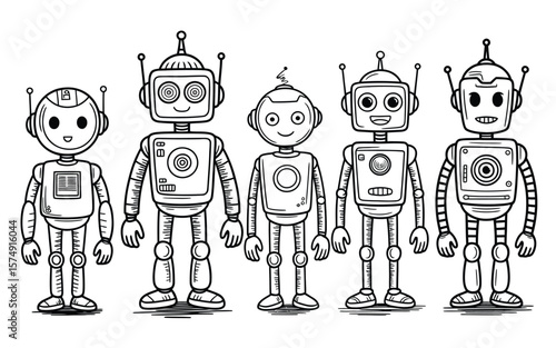 Cartoon Robot Collection – Whimsical and Cheerful Robot Characters for Children’s Designs, Featuring Colorful and Playful Style for Creative Projects, Education, and Fun Themes