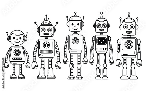 Cartoon Robot Collection – Whimsical and Cheerful Robot Characters for Children’s Designs, Featuring Colorful and Playful Style for Creative Projects, Education, and Fun Themes