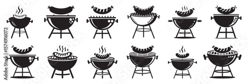 Black barbecue grills with sausages food cooking