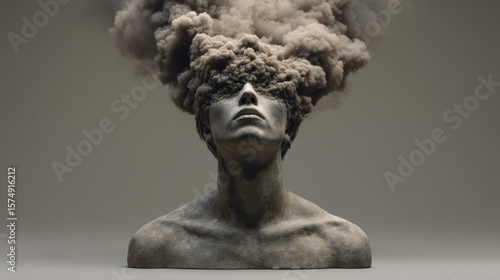 Man sculpture with smoke cloud emerging from head symbolizing pollution and mental stress in surreal art
