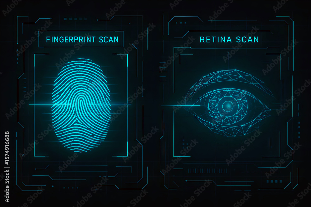Obraz premium Biometric Scanning Background with Fingerprint Sensor, Retina Mesh, and Glowing Digital Security Interface in Futuristic Style