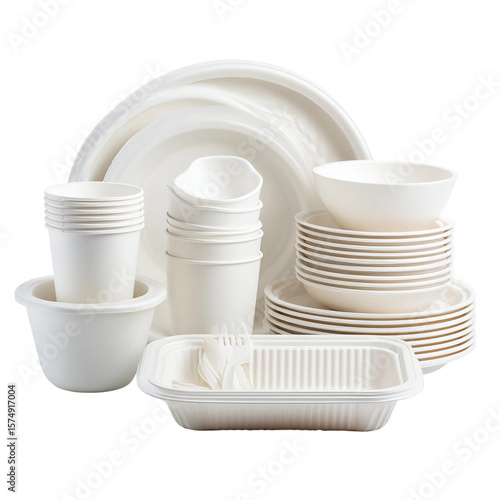 Eco-Friendly Tableware Set: A pristine collection of eco-friendly tableware, meticulously arranged. The assortment includes plates, bowls, cups, and cutlery, all crafted from sustainable materials.