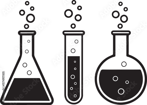 Vector illustration of chemical test tubes and laboratory glassware with blue liquids isolated on a white background