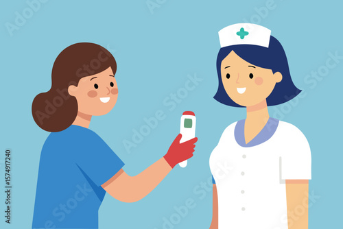 Nurse checking temperature with infrared thermometer medical healthcare