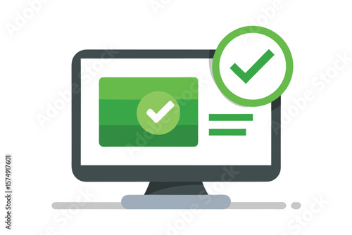 Computer screen with green checkmark and confirmation monitor technology