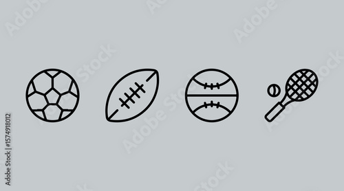 Sports Ball Line Icon Vector Set – Football, Basketball, Soccer, and Tennis Equipment Symbols