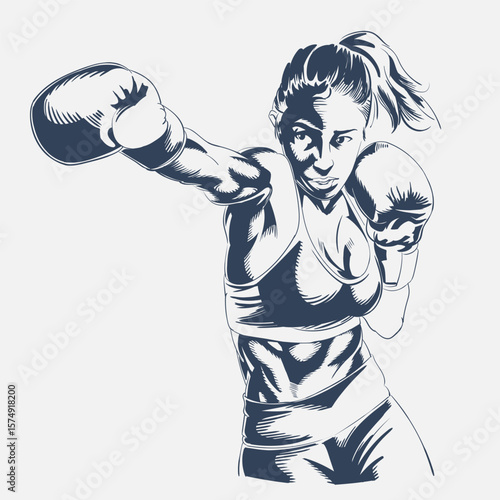 Strong female boxer in action pose, athletic woman fighter in boxing gloves, hand-drawn vector illustration