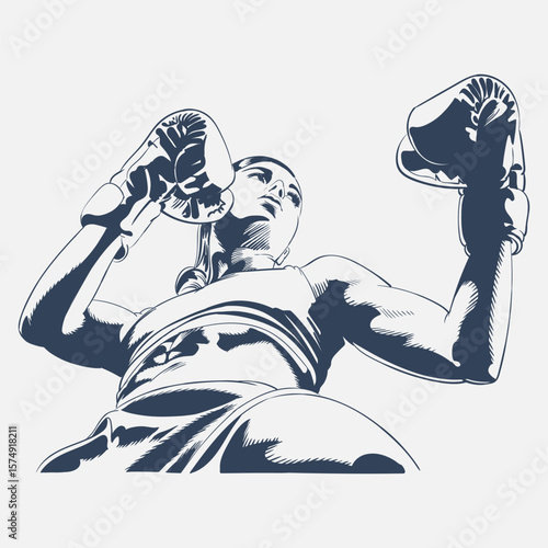 Confident female boxer low angle view, strong athletic woman fighter with gloves, hand-drawn vector illustration