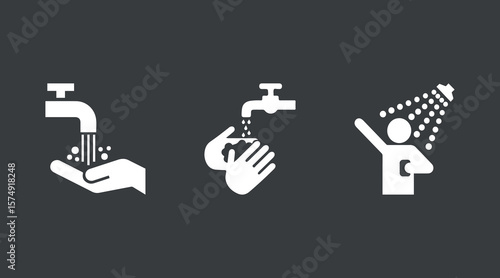 Hand Washing and Shower Hygiene Vector Icons – Cleanliness and Sanitation Symbols Pack