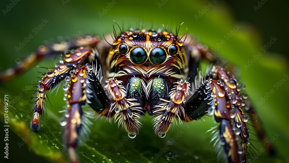Fototapeta premium Closeup macro shot of a jumping spider with water droplets on a green leaf detail