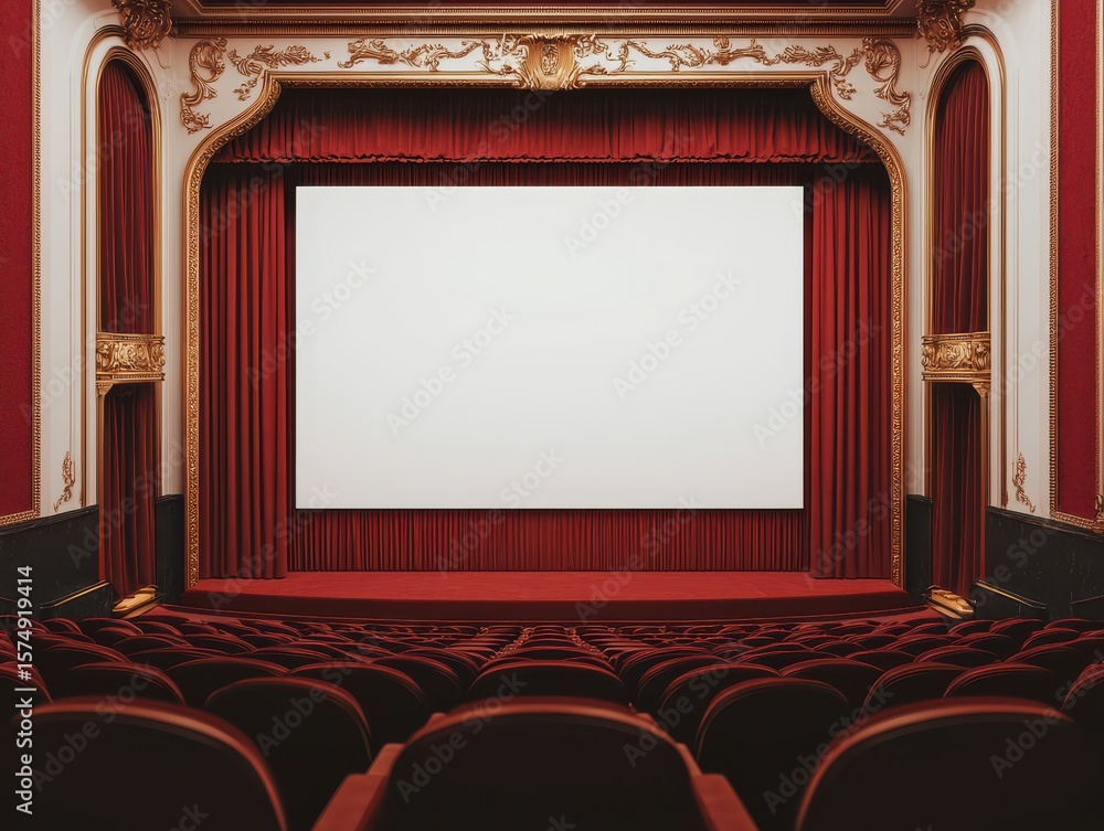Fototapeta premium Empty vintage movie theater with red velvet seats, ornate gold trim, and a large blank screen framed by luxurious red curtains.