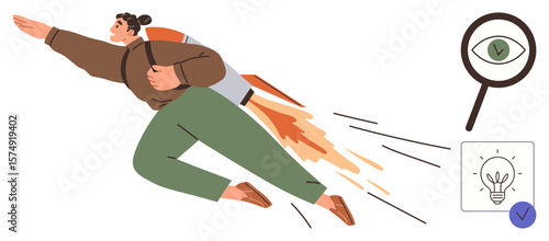 Dynamic individual propelled by rocket, emphasizing progress. Magnifying glass with eye and idea bulb icons represent discovery and creativity. Ideal for progress, growth, vision, innovation