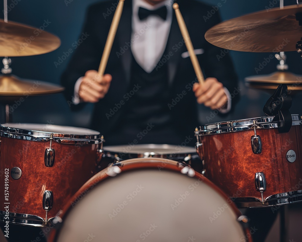 A drummer in a tuxedo plays a polished drum set, holding drumsticks poised to strike in a focused musical performance. A drummer in a tuxedo plays a polished drum set, holding drumsticks poised to strike in a focused musical performance.