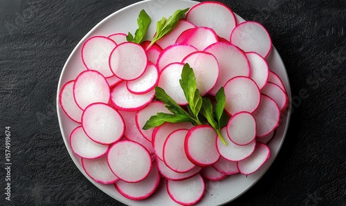Wallpaper Mural Fresh, vibrant radish slices arranged beautifully on a white plate for a healthy meal or salad Torontodigital.ca