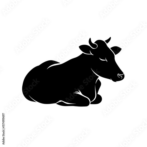 Illustration of a recumbent cow with small horns and closed eyes in a solid silhouette form