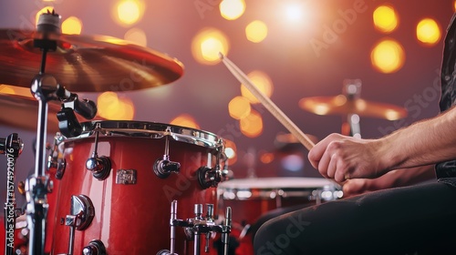 A close-up of a drummer playing a red drum set with glowing stage lights in the background.