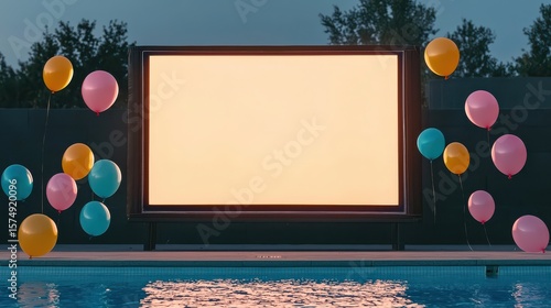 An outdoor movie screen by a pool is surrounded by colorful balloons during dusk with trees in the background.