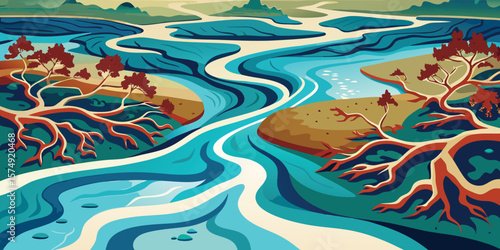 Artistic minimalist landscape with river branches and mountains scenic river valley nature illustration