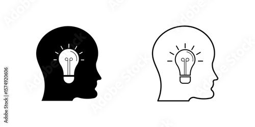 Human Head with Light Bulb Idea and Innovation Concept in Solid and Outline Styles Vector Illustration