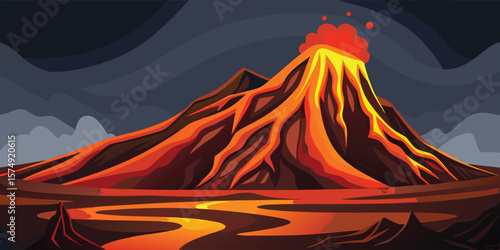 Erupting volcano minimalist landscape vector illustration with lava flowing down into a fiery valley under dark cloudy skies