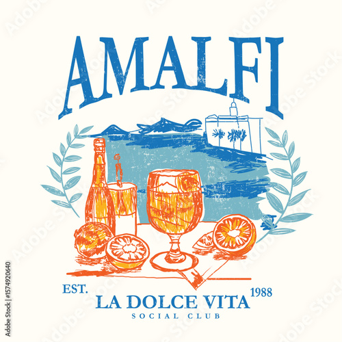 Amalfi lemons la dolce vita with bow print design.  vintage grunge texture for lemon artwork. summer fruit print graphics in vector. t-shirt design for Amalfi vibes..ai