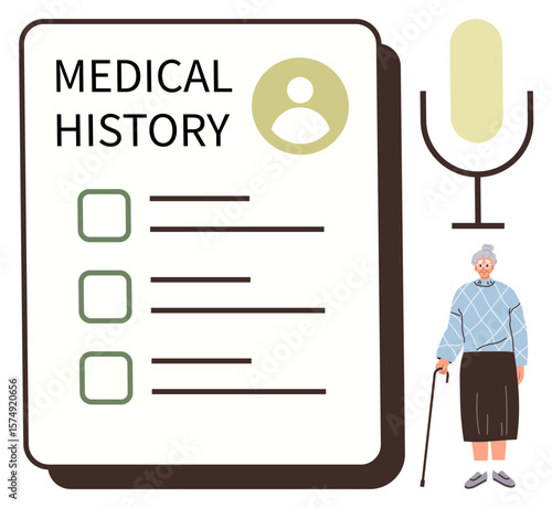 Digital medical history form with checklist, large microphone icon, elderly woman using a cane. Ideal for healthcare, technology, voice assistance, elderly care, documentation, patient management